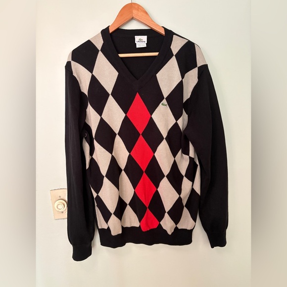LACOSTE Mens Argyle Diamond Black Red Sweater. 5 - Picture 10 of 11